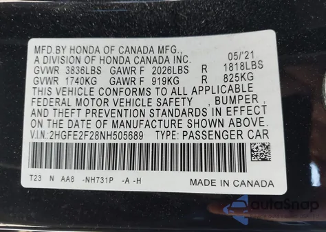 2022 Honda Civic Lx z USA, uszkodzony, nr VIN 2HGFE2F28NH505689